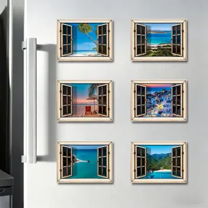 3D houten magnetische koelkast sticker nep raam landschap decoratieve sticker