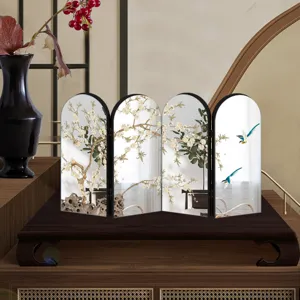 Chinese style desktop folding mirror screen decor traditional floral tabletop ornament