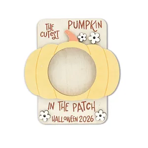 Wooden Halloween pumpkin magnetic photo frame detail, cute festival fridge magnet decor.