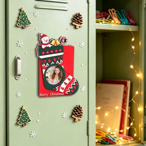 Christmas wooden magnetic photo frame fridge magnet, festive stocking design for holiday decor.
