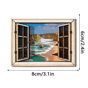 Houten koelkastmagneet in raamvorm met uitzicht op zee, 3D decoratieve magneetsticker.