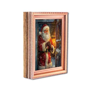 Gedetailleerde close-up van houten kerst kerstman fotolijst koelkastmagneet met licht.