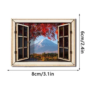 Houten raam koelkastmagneet met Fuji berg landschap en herfstbladeren huisdecoratie.