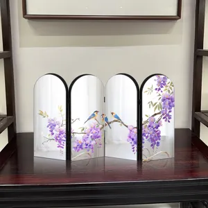 Chinese style mirror folding screen ornament with wisteria bird design tabletop decor detail