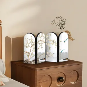 Chinese style four panel arched tabletop mirror screen home decor ornament for desk