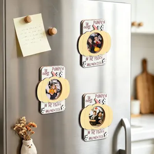 Halloween wooden magnetic photo frame pumpkin shape cute fridge sticker festival decor 3pcs