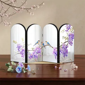Chinese style mirror folding screen tabletop ornament with wisteria bird design details