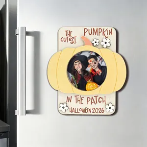Halloween wooden photo frame magnet, cute pumpkin design, perfect for home fridge decor.