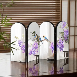 Chinese style mirrored folding screen tabletop ornament with floral bird design, four panels.