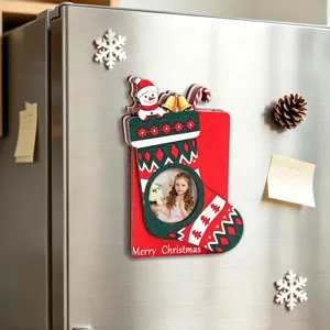 Wooden Christmas magnetic photo frame fridge magnet 3D holiday decoration for home kitchen.