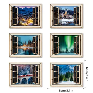 3D houten magnetische koelkaststicker neprecht raam landschap decoratie 8x6cm