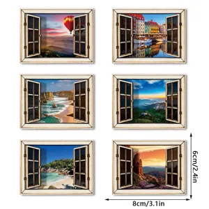 3D Houten Magnetische Koelkaststicker Nep Raam Landschap Keuken Decoratie Set 6st