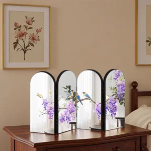 Chinese style decorative folding mirror screen, elegant flower and bird pattern table decor.