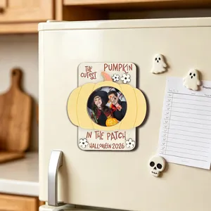 Halloween wooden magnetic photo frame detail, pumpkin shape fridge sticker decor, festive item.