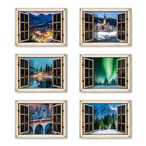 Gedetailleerd overzicht van 3D houten magnetische stickers met winterse vensterontwerpen.