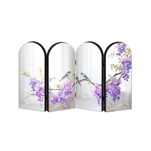 Creative Chinese style mirror folding screen ornament with elegant wisteria and bird painting.