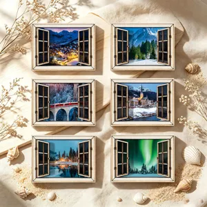 3D houten magnetische koelkaststickers met nepraam winter sneeuw landschap ontwerpen voor thuis.