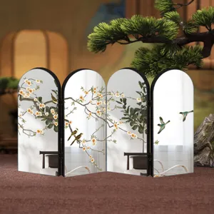 Chinese style four-panel arched tabletop screen decorative divider with floral bird pattern.