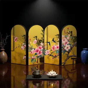 Chinese style four-panel folding screen decorative ornament with gold mirror surface.