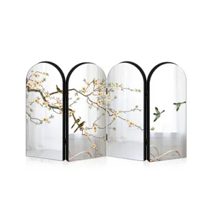 Chinese style four-panel folding screen desktop ornament with elegant flower and bird painting art.