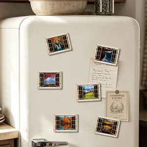 3D houten magnetische koelkaststicker nep raam landschap home decor keuken decoratie
