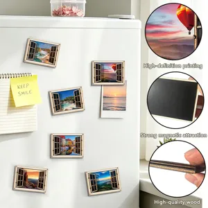 3D houten koelkastmagneten met raam landschap ontwerp, sterke magnetische sticker decoratie.