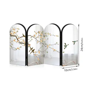 Mini 4-panel folding screen tabletop decoration with traditional Chinese plum blossom art.