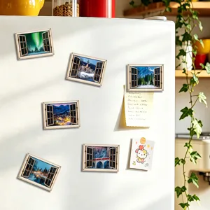 3D houten raam koelkastmagneet met prachtig landschap, perfect voor de keuken decoratie.
