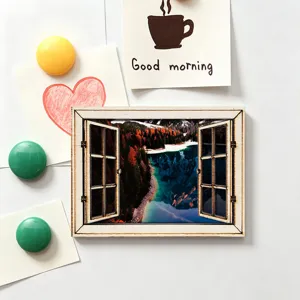 3D houten magnetische koelkaststicker met schilderachtig uitzicht op raam huisdecoratie.