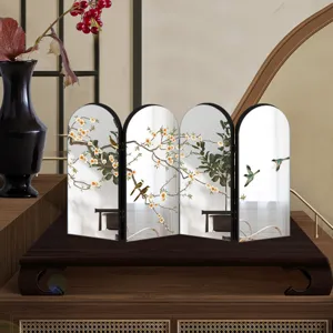 Exquisite tabletop mini folding screen detail, traditional Chinese floral art ornament display.