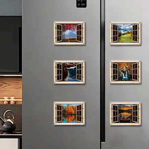 3D houten raam koelkastmagneet set, landschap magnetische stickers voor keuken huisdecoratie