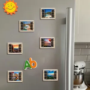 3D houten magnetische koelkaststicker met nep venster landschap ontwerp voor keuken decor