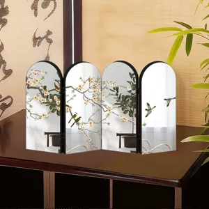 Detailed view of traditional Chinese style four-panel arched tabletop screen decor.