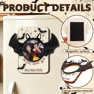 Detailed view of wooden Halloween bat magnetic photo frame showing sturdy material and magnet.