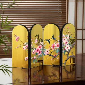 Creative Chinese style gold mirror miniature folding screen table ornament with floral bird art design