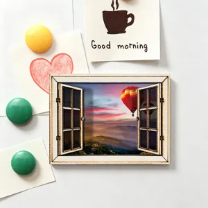 3D Houten Venster Magnetische Koelkast Sticker Landschap Hehuis Ballon Huis Decoratie