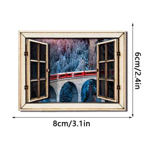 3D Houten Koelkastmagneet Valse Raam Sneeuw Berg Trein Ontwerp Magnetische Sticker 8x6cm