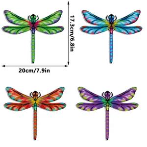 Colorful metal dragonfly wall decor set, garden hanging art ornament with dimensions.