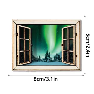 Houten magnetische koelkaststicker met 3D winter noorderlicht landschap venster ontwerp.