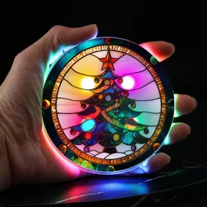 LED glowing Christmas tree acrylic cup mat, colorful stained glass design for party decor.