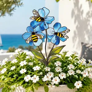 Pieu de jardin abeille fleur bleue en verre vitrail, déco de plante en métal.
