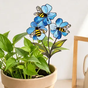 Piquet de plante en métal fleur bleue et abeille style vitrail pour déco intérieure