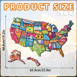 Magnetic USA state map puzzle fridge sticker with cultural landmarks, educational travel toy.