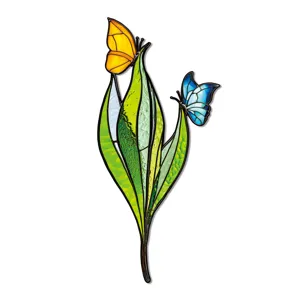 Piquet de plante papillon en verre metallique decoration de jardin maison coloree.