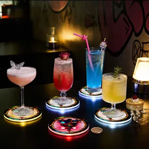 LED glowing acrylic coaster detail shot showing vibrant party lighting effect for bar decor.