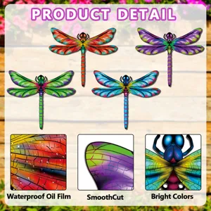 Colorful metal dragonfly wall decor detail showing waterproof finish and smooth edges for garden.