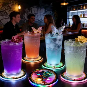 LED glowing acrylic coaster for bar party, vibrant colorful illumination, decorative mat.