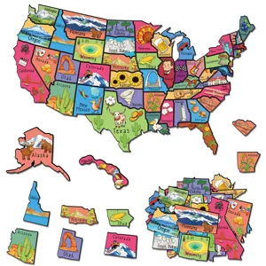 US map magnetic fridge puzzle featuring state cultural illustrations and names, great travel souvenir gift.