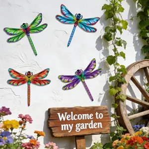 Colorful metal dragonfly wall art hanging decor for garden, yard, and outdoor fence decoration.