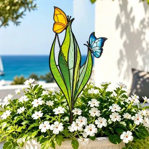 Piquet de jardin en métal papillon vitrail, décoration colorée pour pot de fleurs et terrasse.